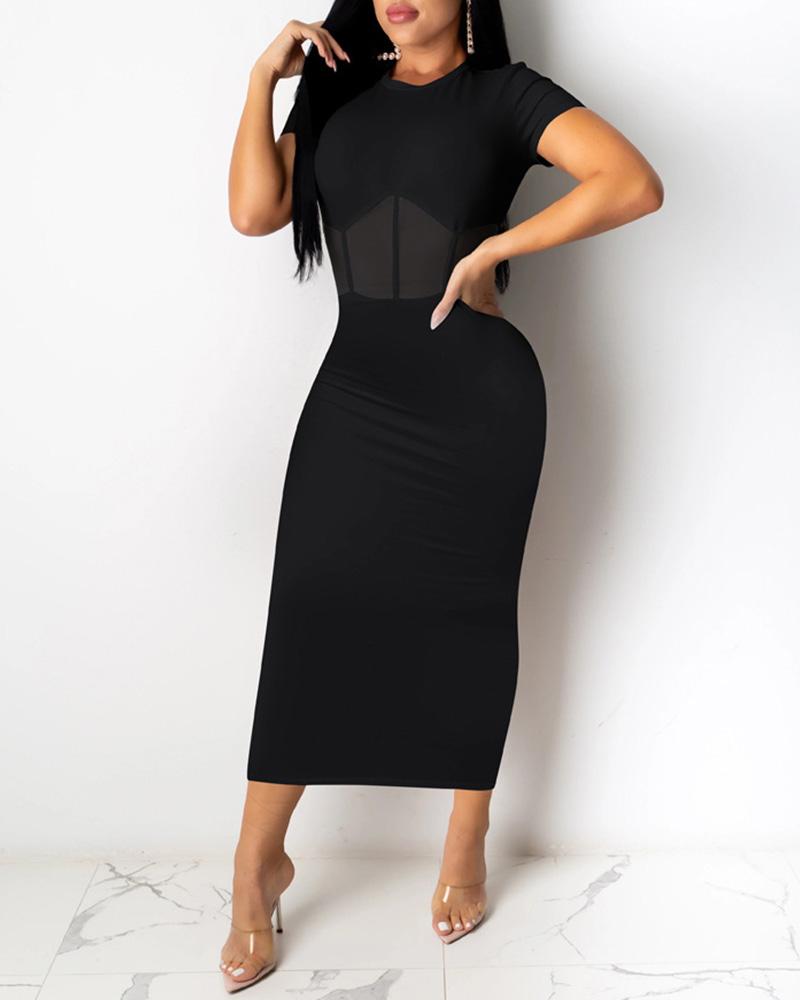 

Sheer Mesh Short Sleeve Midi Dress, Black