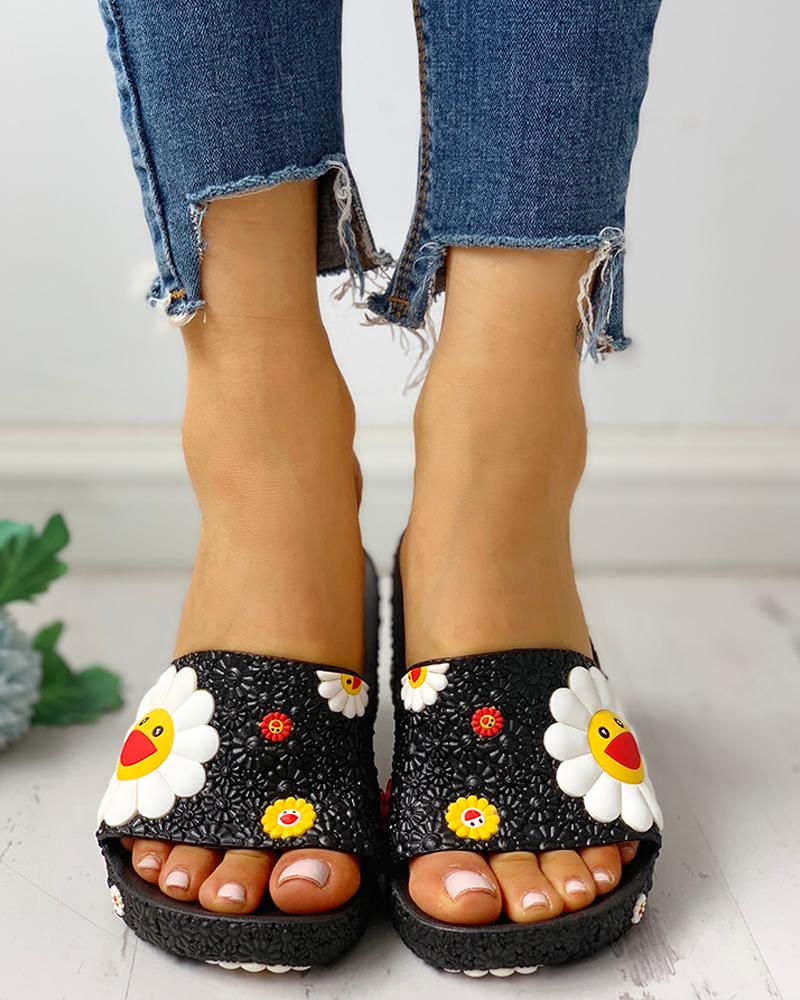 

Colorful Sunflower Pattern Casual Sandals, Black