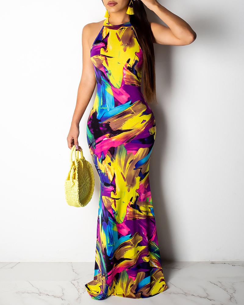 

Tie Dye Print Cutout Back Maxi Dress, Yellow