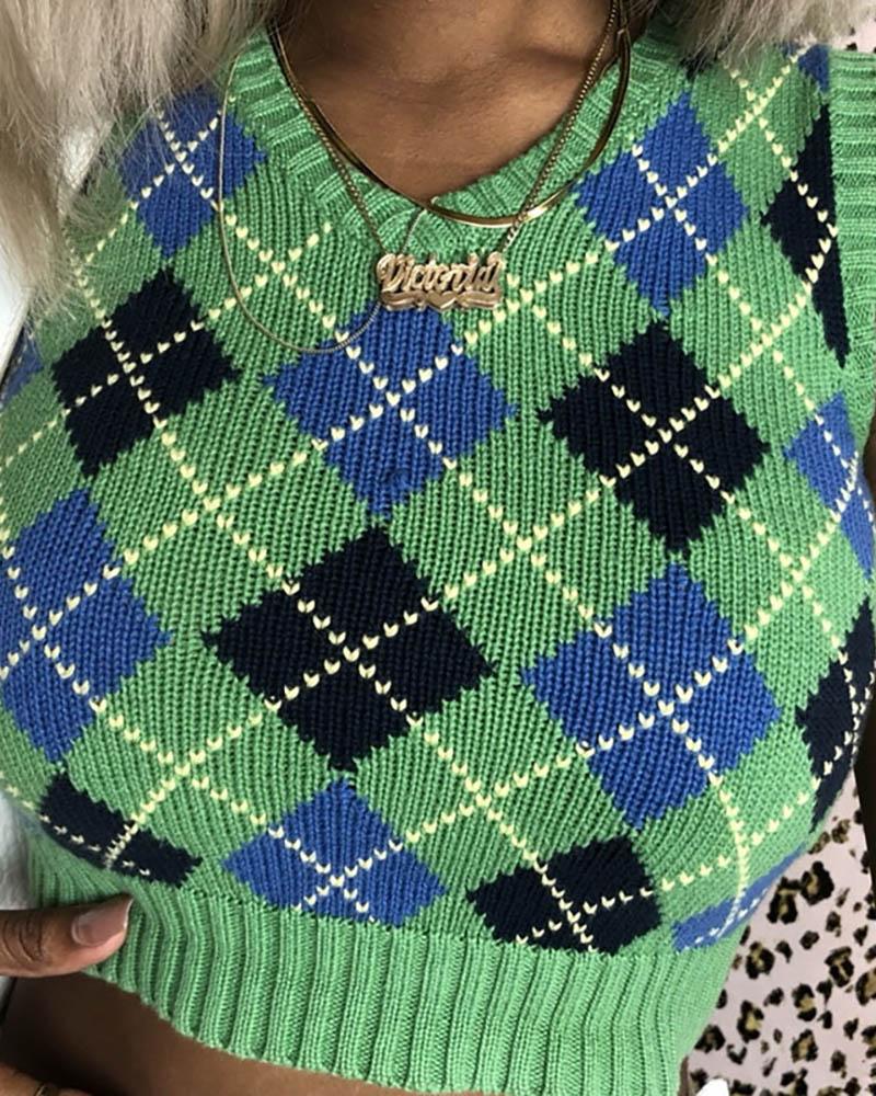 

Argyle Print V Neck Sweater Vest, Green