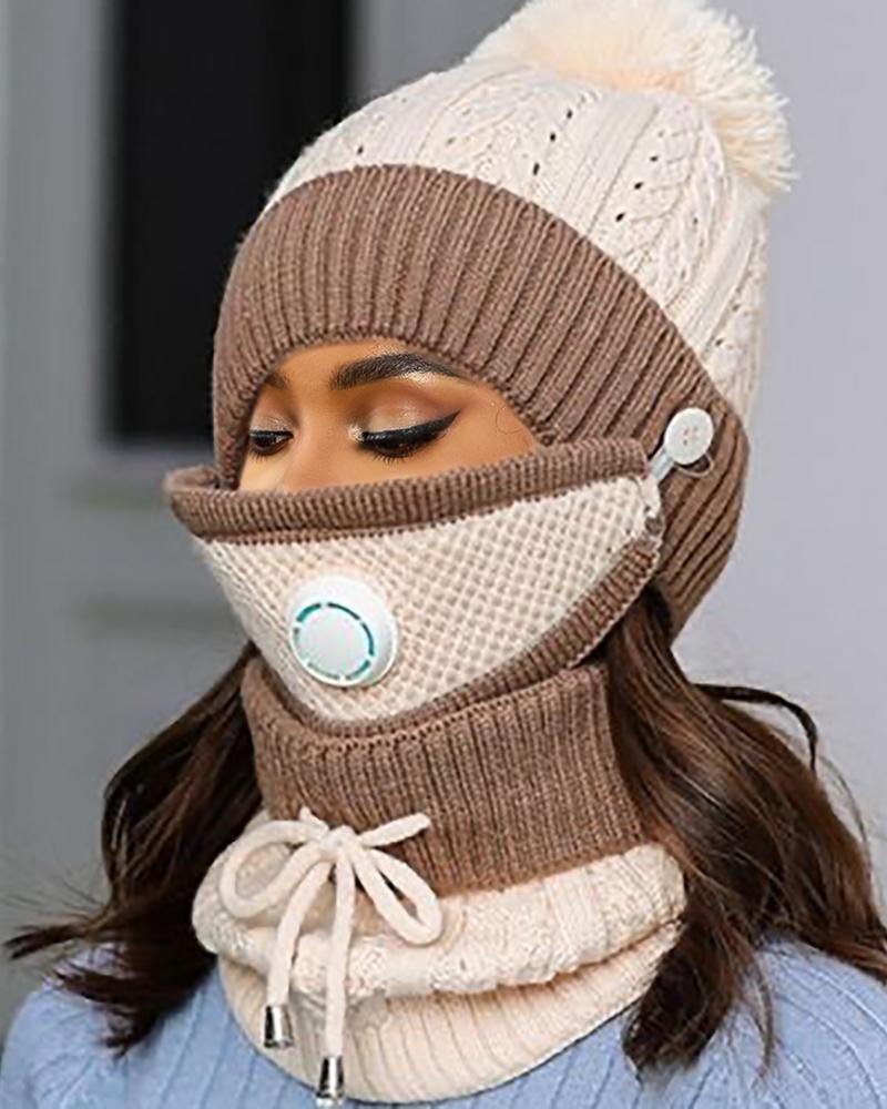 

Knit Pom Pom Beanie With Scarf & Vavle Face Mask, Apricot