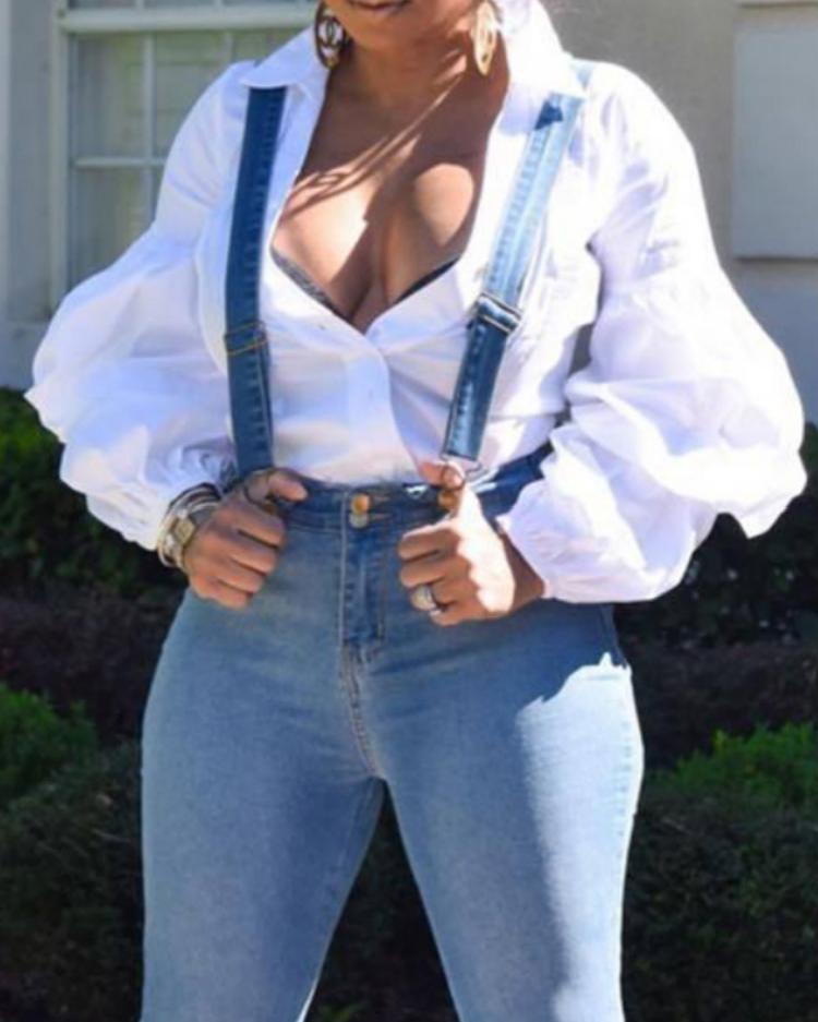 

Lantern Sleeve Button Up Blouse, White