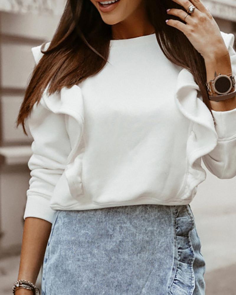

Plain Ruffles Long Sleeve Casual Sweatshirt, White
