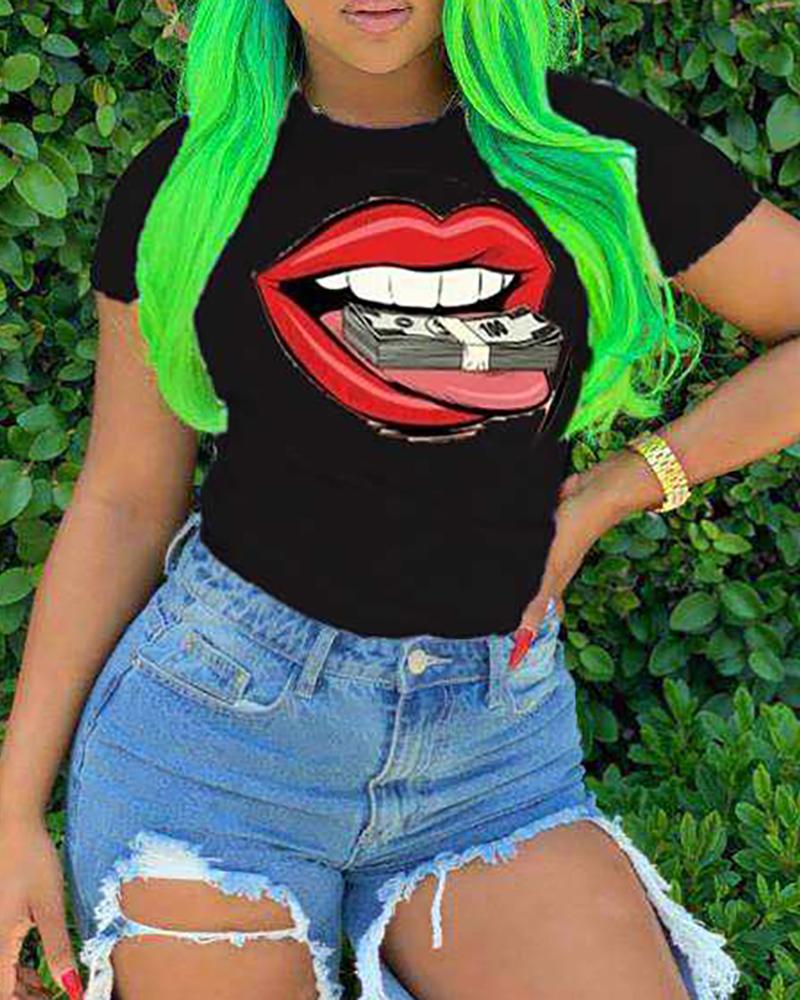 

Lip Print Short Sleeve Casual T-shirt, Black
