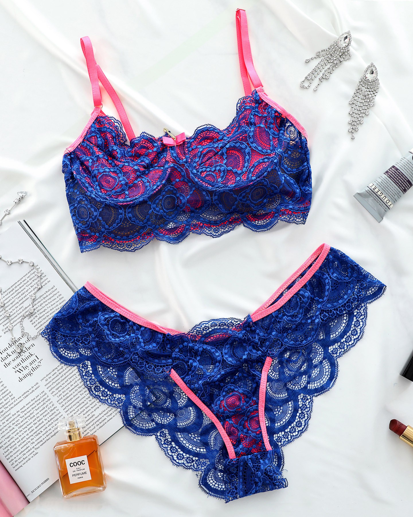 Colorblock Crochet Lace Lingerie Set