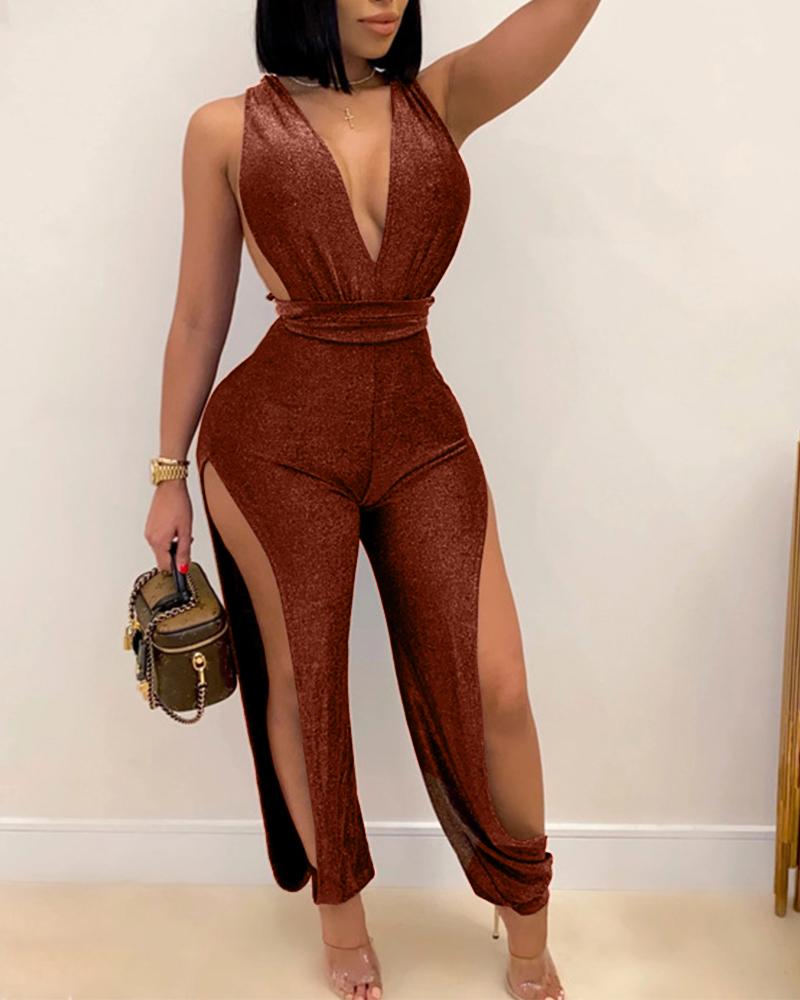 

Hollow Lace-up Solid Color Sleeveless Jumpsuit, Khaki