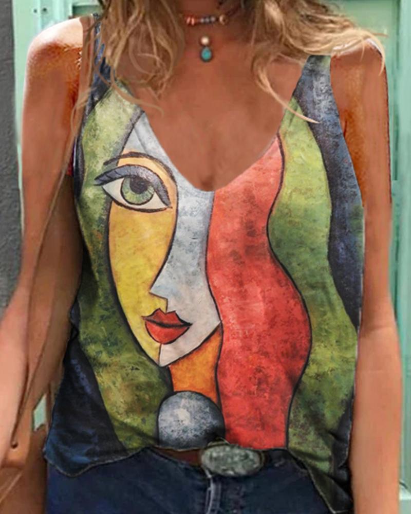 

Colorblock Figure Print Sleeveless Loose Tanks, Multicolor