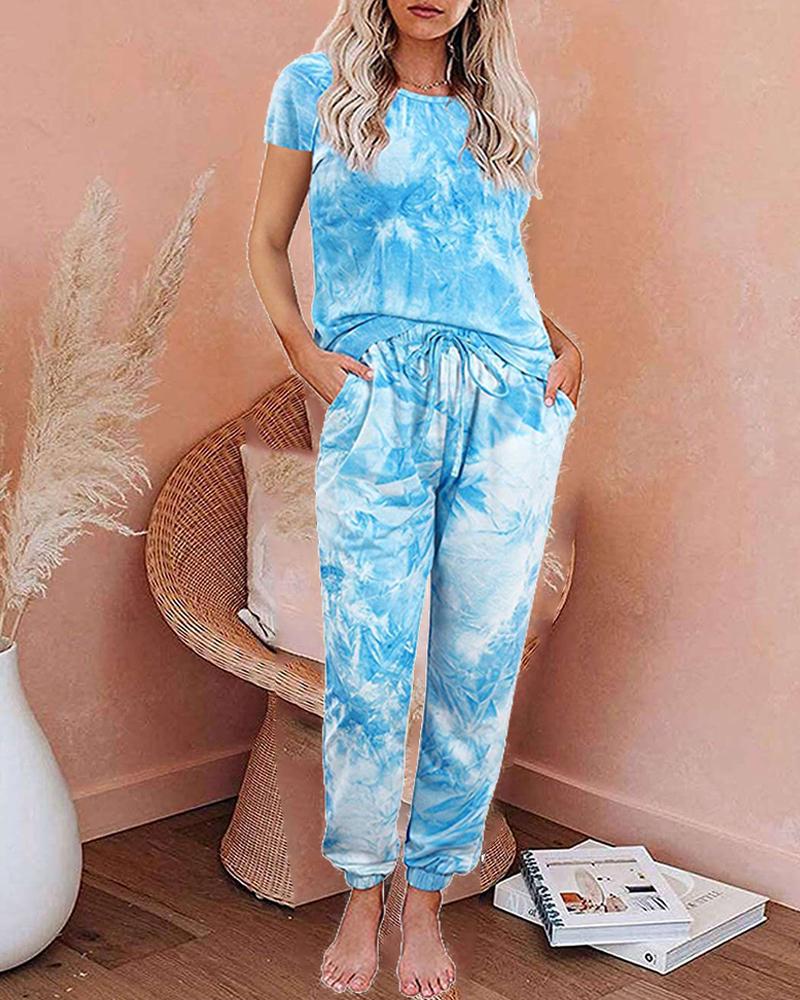 

Tie Dye Short Sleeve Loose T-shirt With Pants Suit Sets, Style5