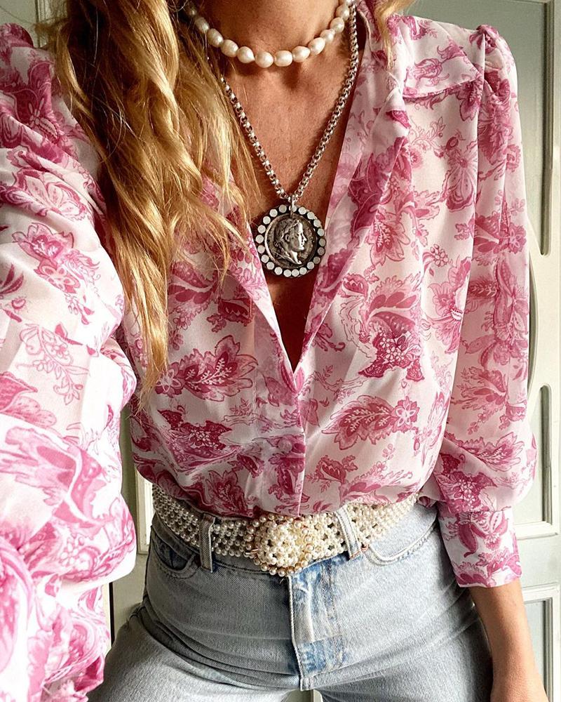 

All Over Print Deep V Neck Turn-down Collar Long Sleeve Shirt, Pink