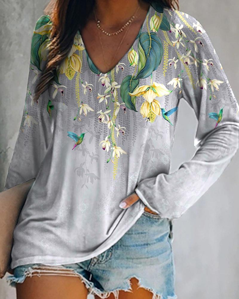 

Floral Bird Print V Neck Long Sleeve Top, Gray