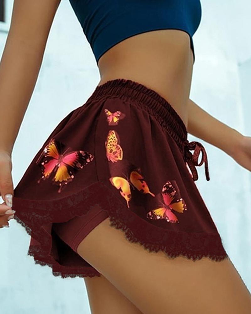 

Butterfly Print Drawstring Waist Lace Trim Shorts, Red