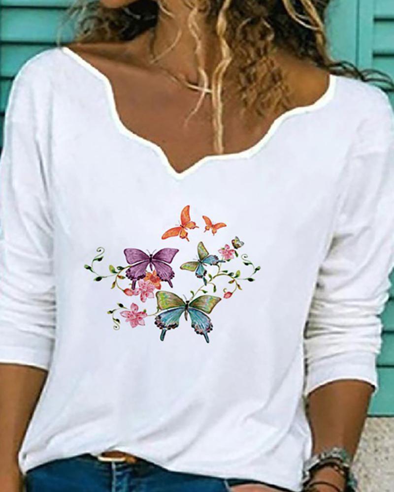 

Graphic / Floral / Butterfly / Flag Print Long Sleeve Top, Style5