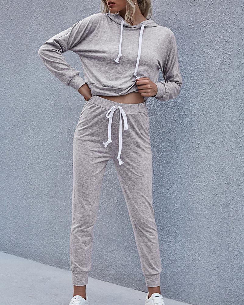 

Solid Long Sleeve Loose Hoodies Sweatshirts Suit Sets, Light gray