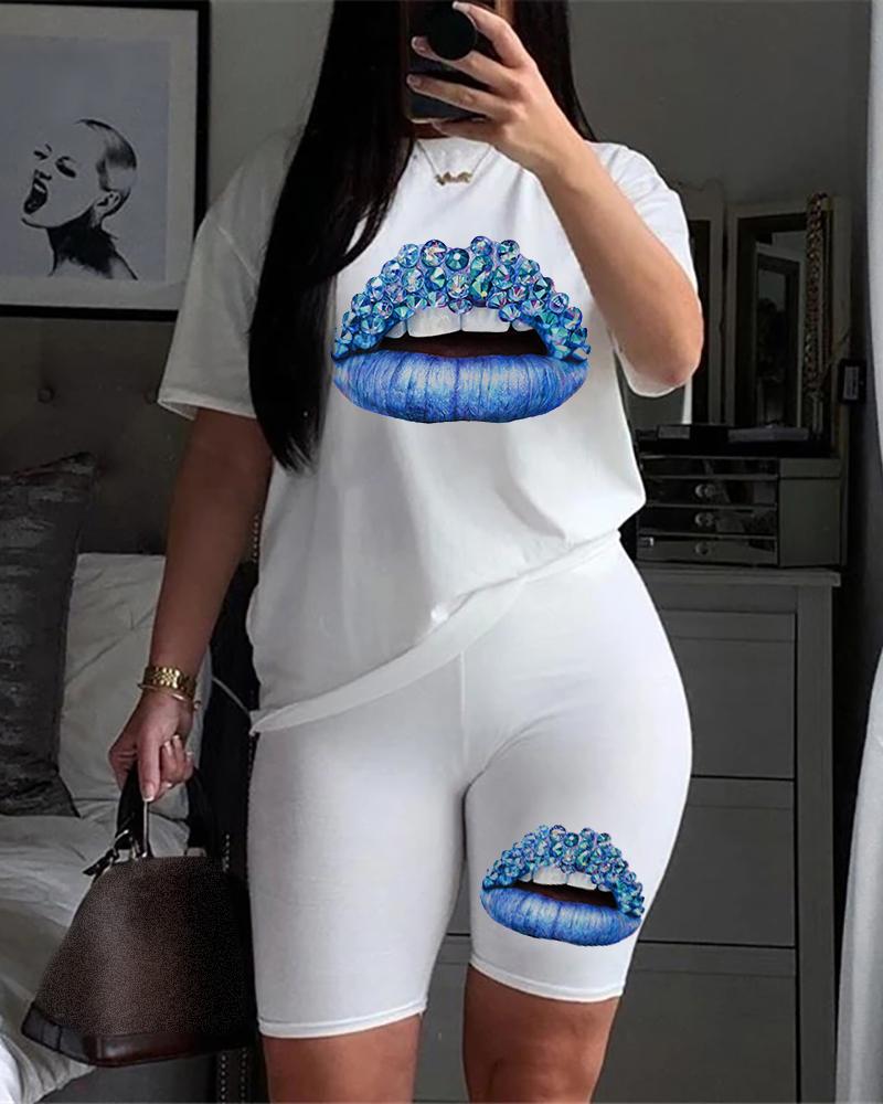 

Colorful Lip Print T-shirt & High Waist Shorts Set, Style8