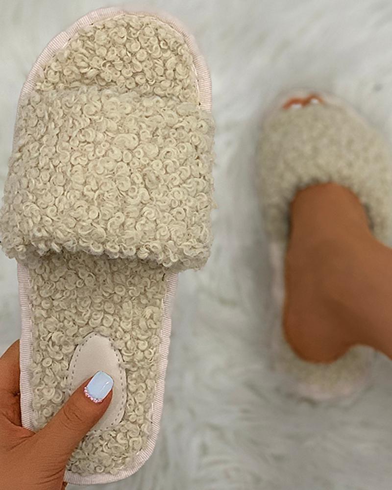 

Plain Fluffy Open Toe Slippers, Beige