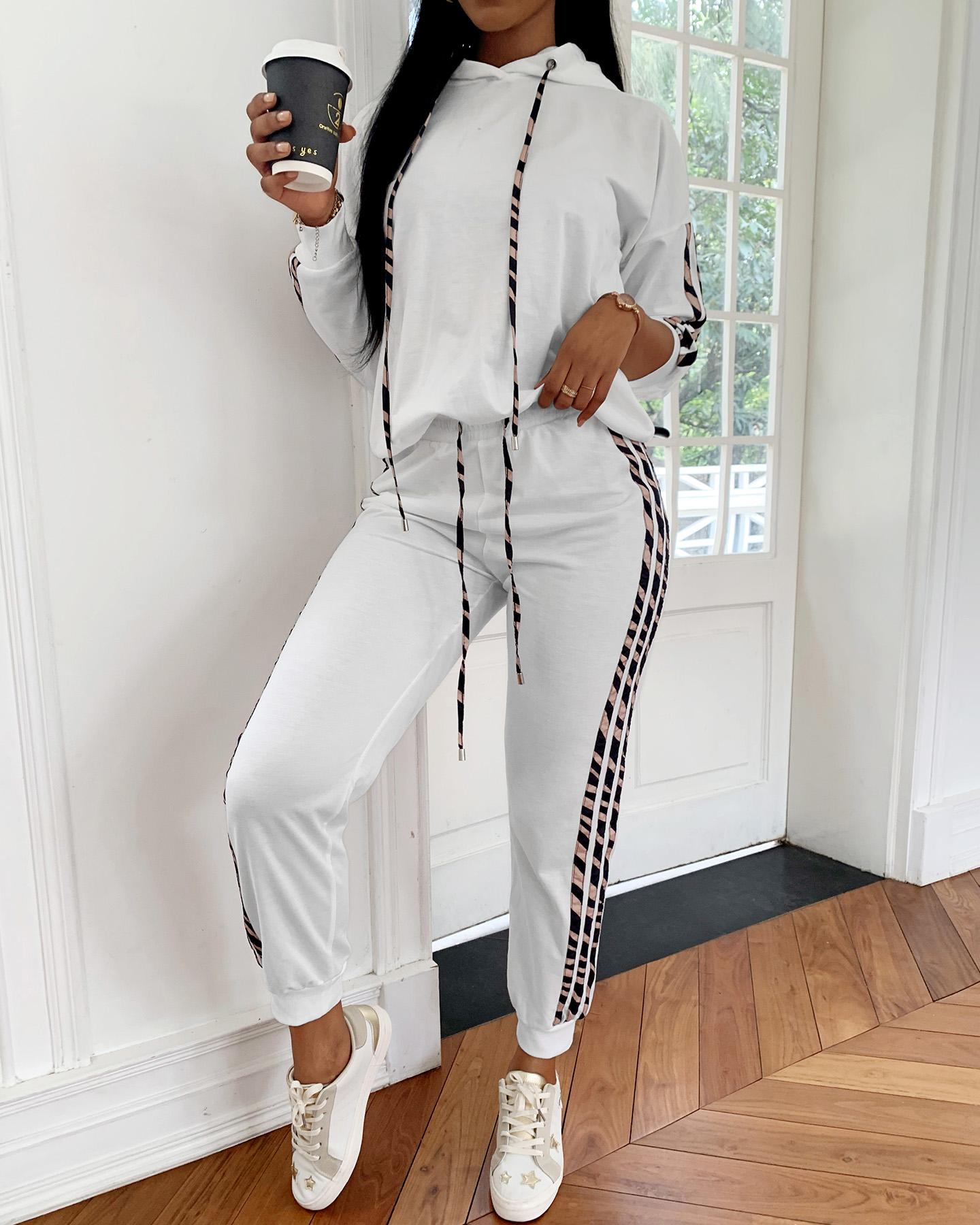 

Striped Drawstring Design Hooded Top & Casual Pant Sets, White
