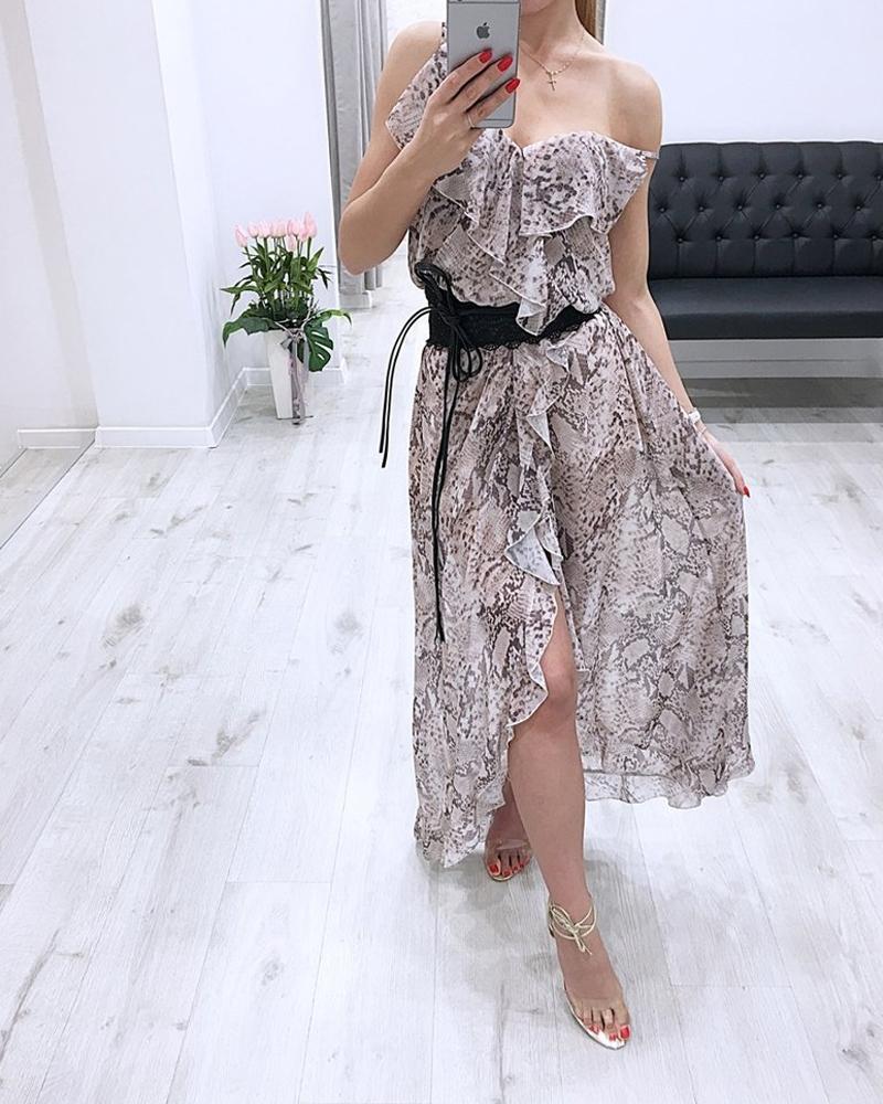 

Floral Print Strap Slit Long Ruffles Hem Chiffon Dress, Style2