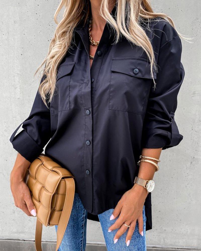 

Solid Color Long Sleeve Loose Blouse, Black
