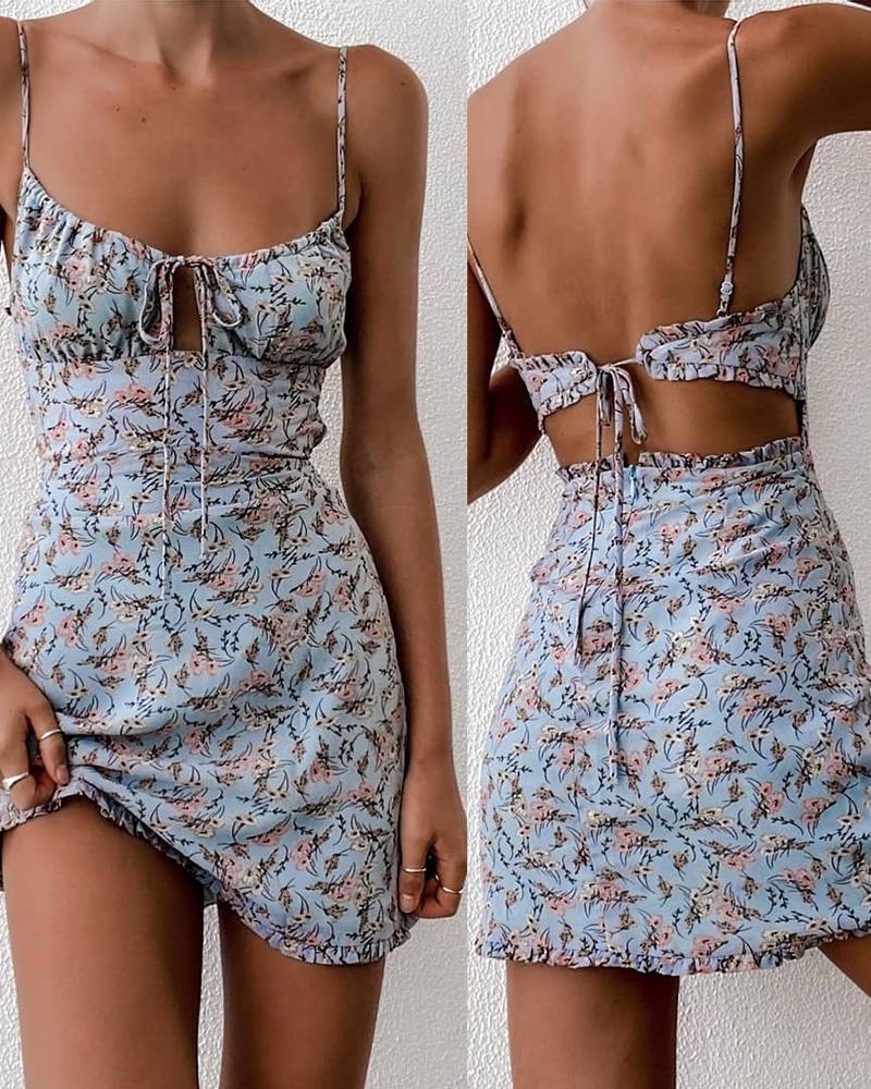 

Floral Print U-Neck Spaghetti Strap A Line Dress, Blue