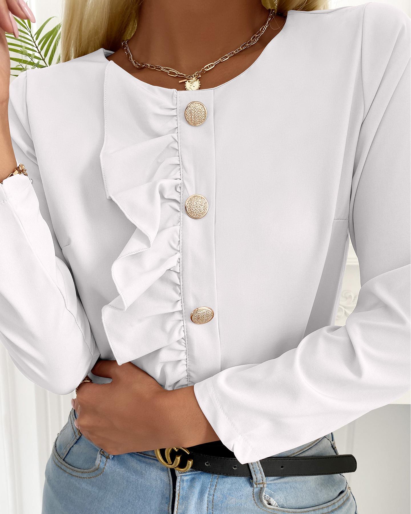 

Ruffles Button Front Long Sleeve Women Top, White