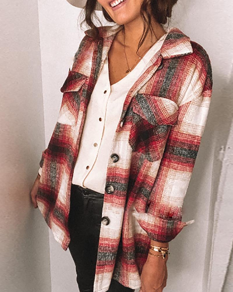 

Pocket Button Design Long Sleeve Checked Shacket, Red