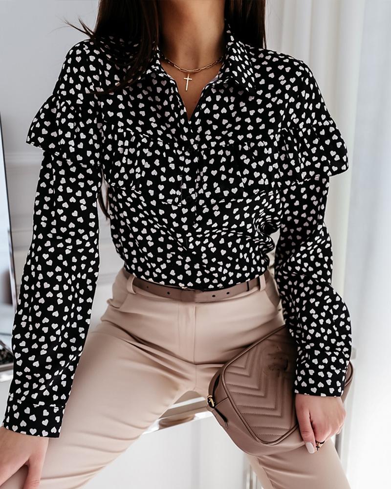 

Heart Print Ruffle Detail Shirt, Black