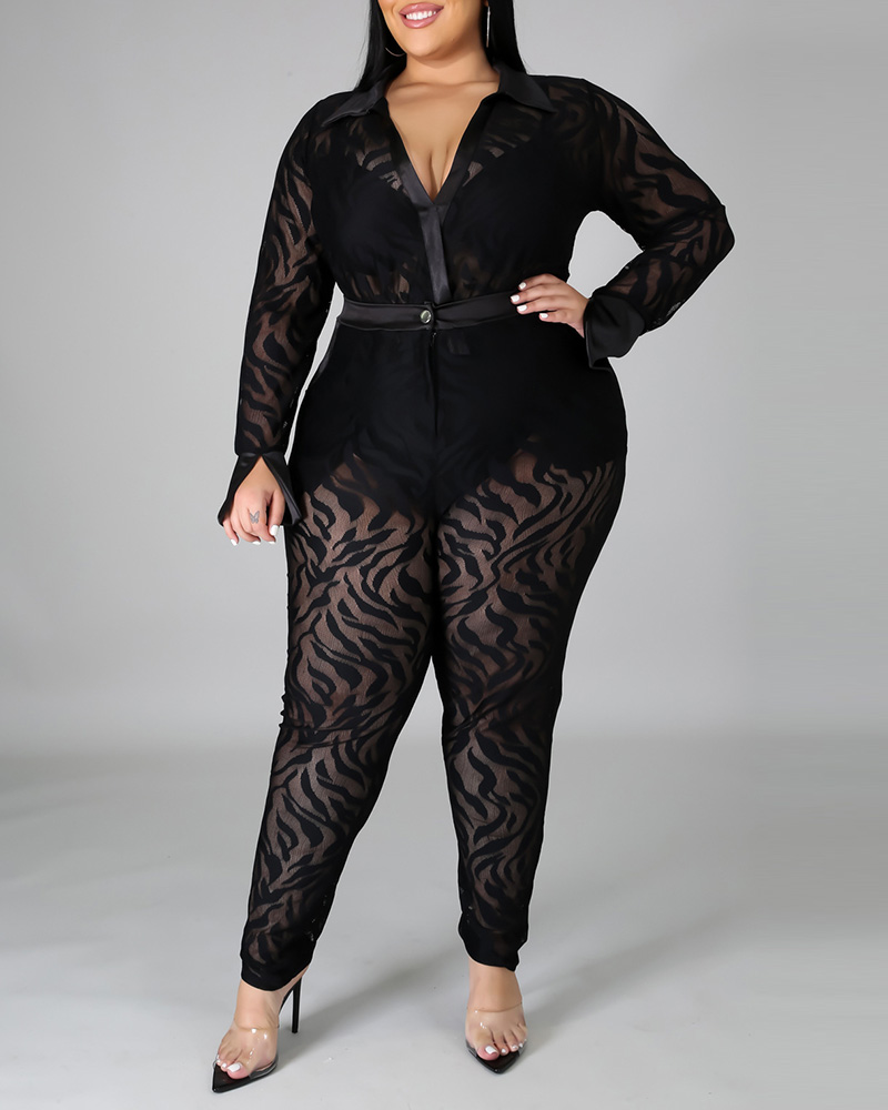 

Plus Size Velvet Strap Sheer Mesh Bodysuit & Pants Set, Black