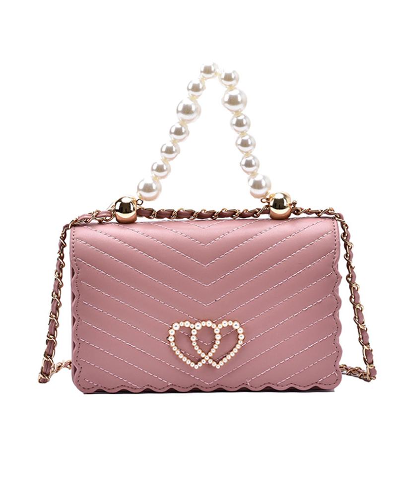

Chevron Double Heart Beaded Chain Satchel Bag, Pink