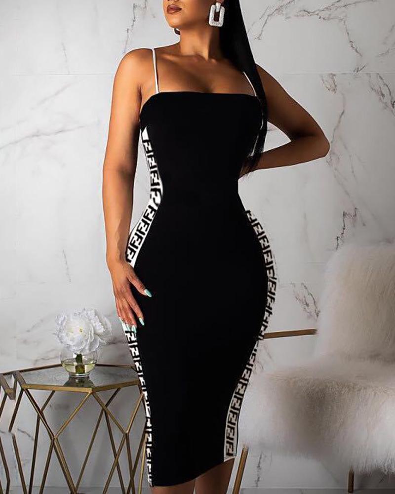 

Letter Print Side Package Hip Dress, Black