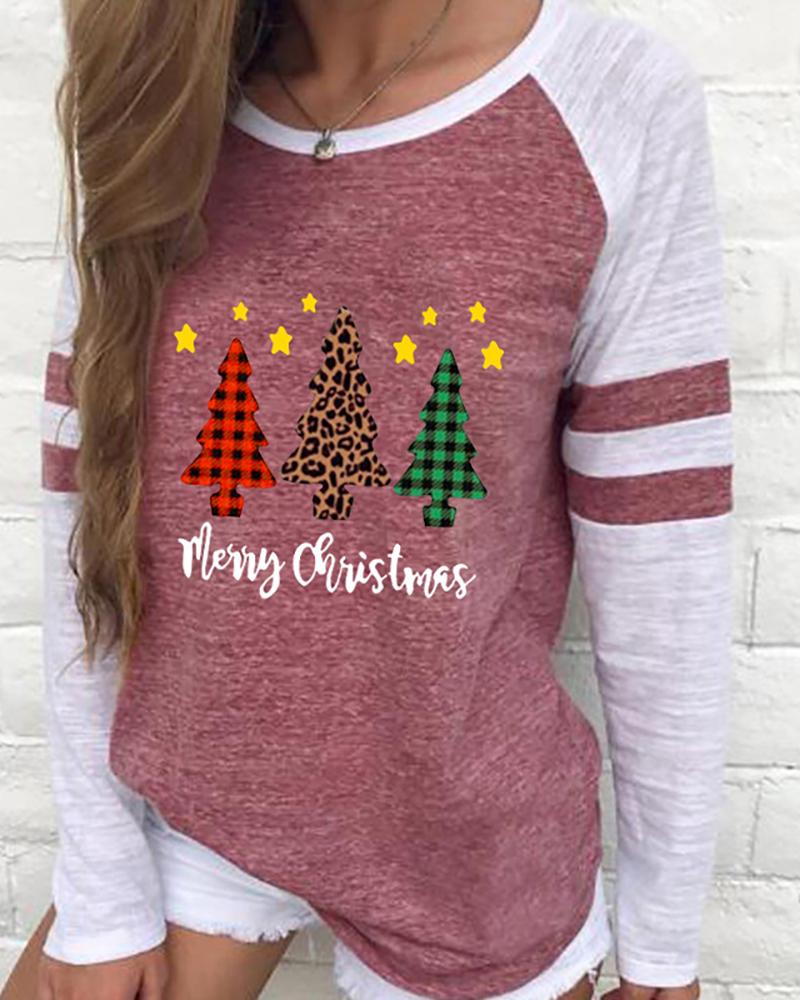 

Christmas Long Sleeve Casual Tree Print Sweatshirt, Red