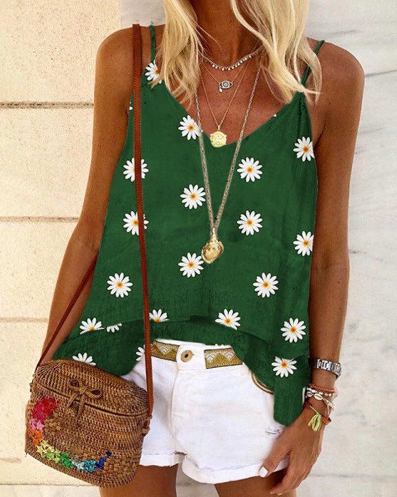 

Daisy Print V-neck Casual Tank Top, Green