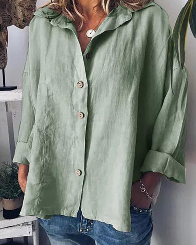 

Solid Button Batwing Stand Collar T-shirt, Green