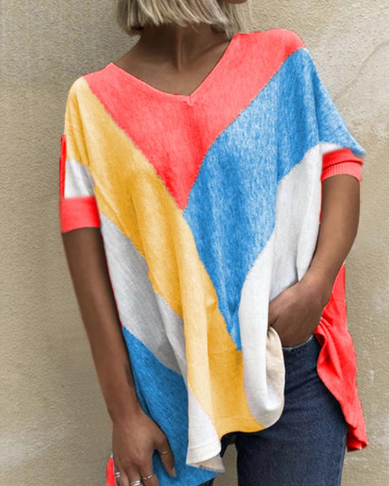 

Wide Striped Patterns Print Short Sleeve Loose T-shirts, Red