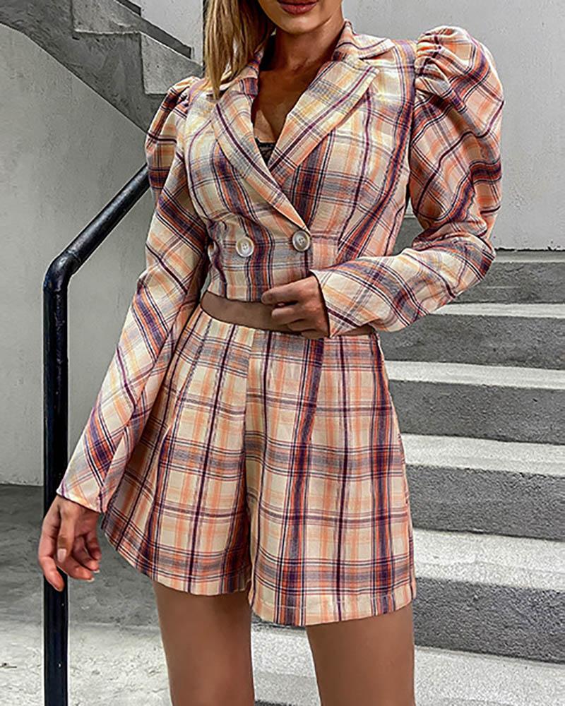 

Plaid Puffed Sleeve Blazer Coat & Shorts Set, Orange