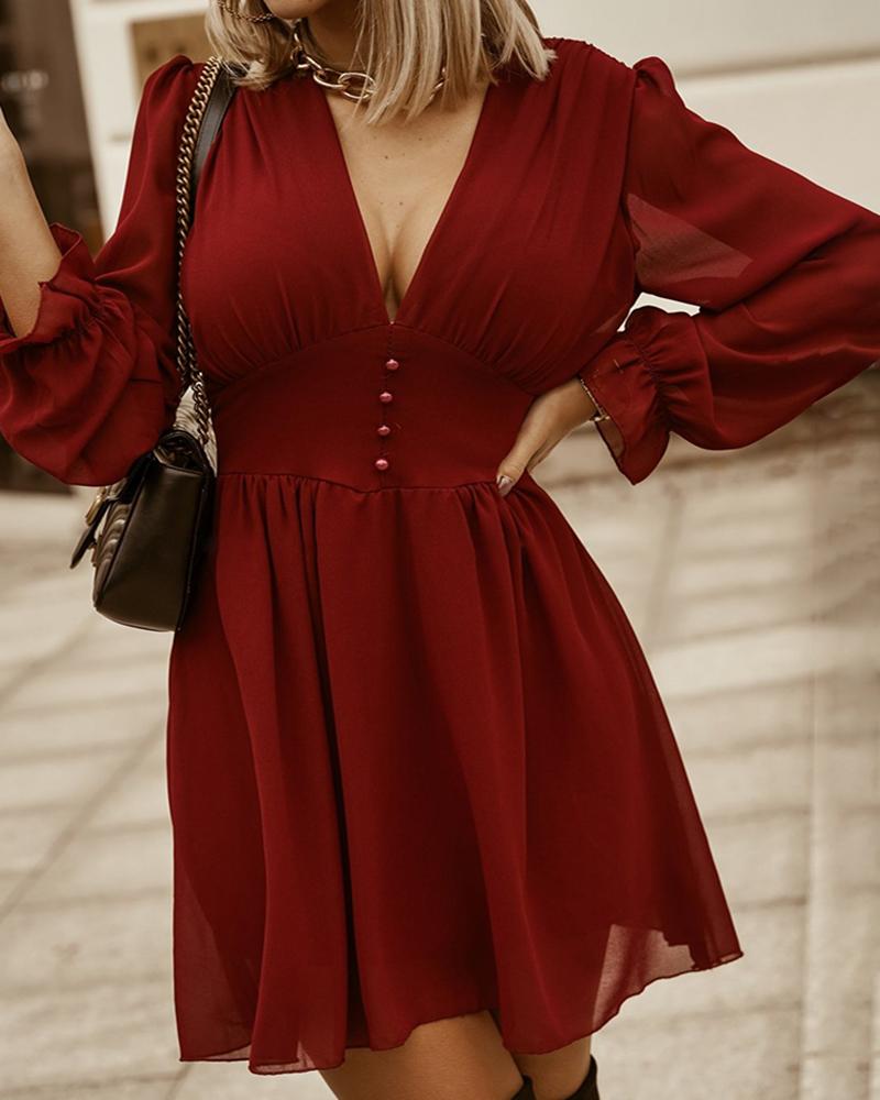 

Button Design Plunge Long Sleeve Casual Dress, Red