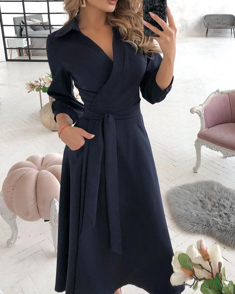 

Wrap Design Plain Long Sleeve Flared Dress, Purplish blue