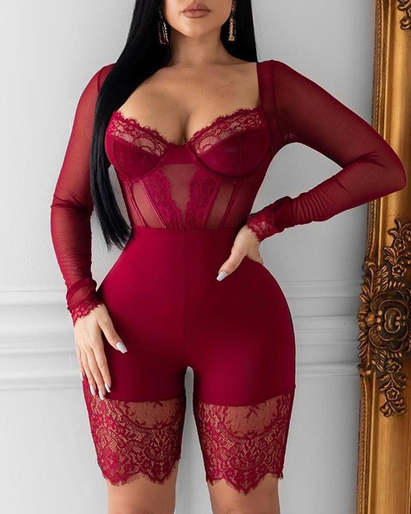 

Solid Eyelash Lace Mesh Romper, Wine red