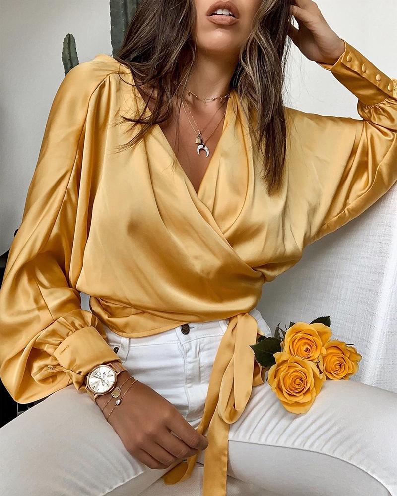 

V Neck Tie Waist Top, Yellow