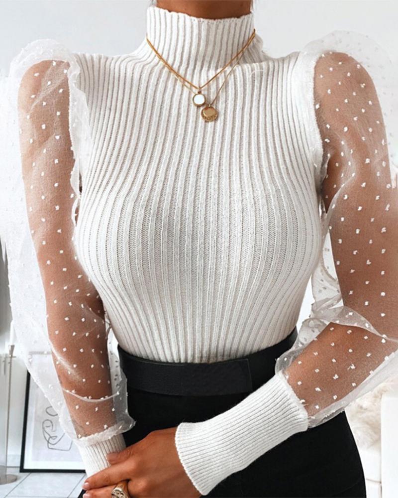 

Mesh Dot Puffed Sleeve Ribbed Women Blouse, White