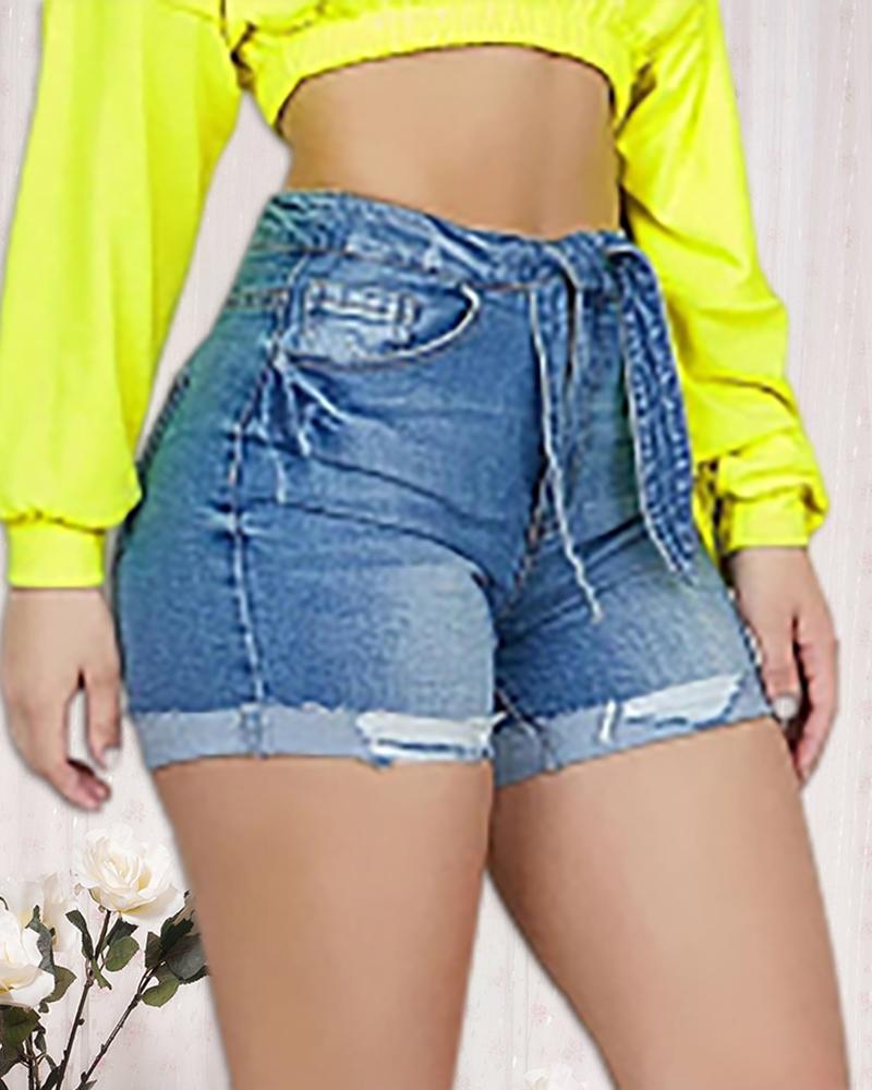 

Ripped Tie Front Denim Shorts, Blue