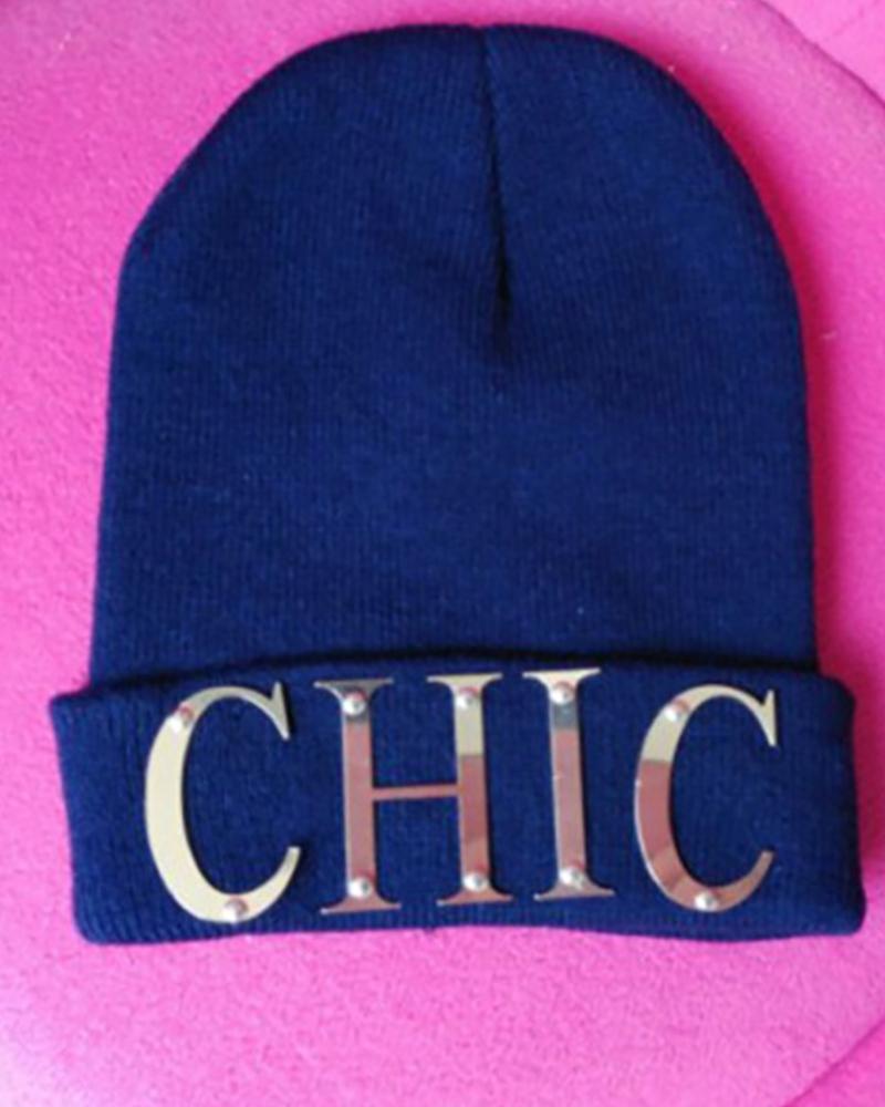 

Letter Pattern Knit Beanie, Dark blue