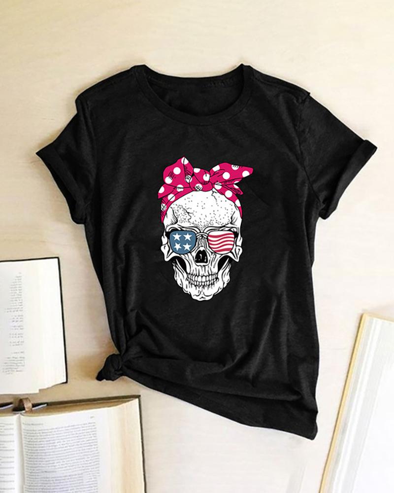 

Skull Star Print Striped Shot Sleeve Casual T-shirt, Black