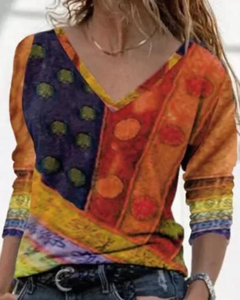 

V Neck Colorblock Long Sleeve Abstract Print Top, Yellow