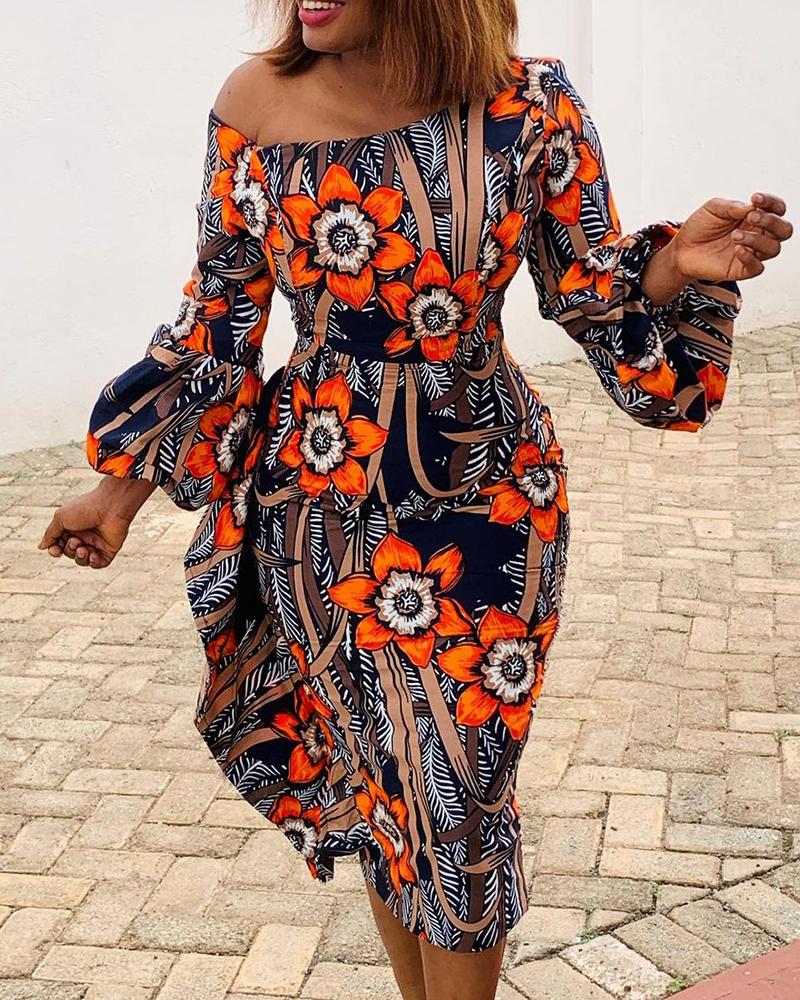 

Floral Print Lantern Sleeve Ruffle Hem Midi Dress, Multicolor
