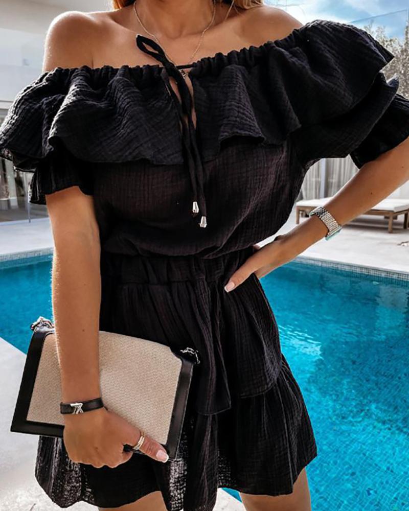 

Off Shoulder Lace Up Ruffle Hem Layered Dress, Black