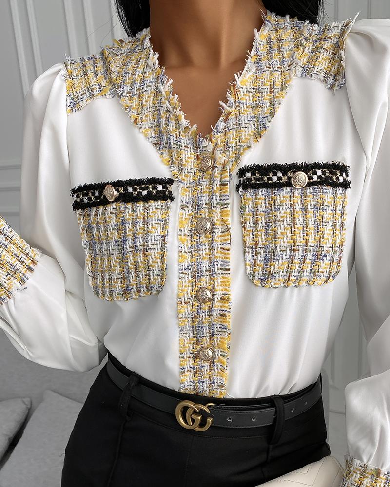 

Tweed Patch Pocket Puff Sleeve Women Top, Yellow