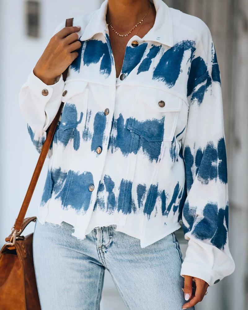 

Tie Dye Print Buttoned Long Sleeve Coat, White