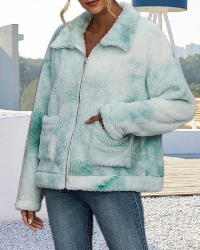 

Tie Dye Print Zip Pocket Design Teddy Coat, Green