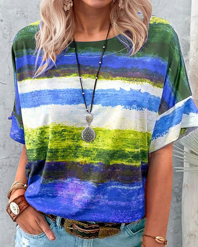 

Round Neck Colorblock Short Sleeve Casual T-shirt, Blue