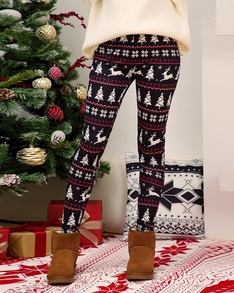 

Christmas Reindeer Snowflake Print Skinny Pants, Black&red